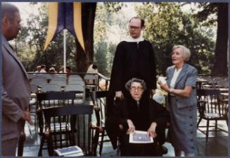 Eugénie Prendergast receiving her honorary degree at 1985 Williams College Commencement ceremony including friends and college officials; (L to R) Joe Butler, Tom Krens, Eugénie Prendergast, Cathy Genvert