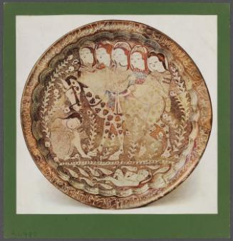 Oriental plate with 5 standing figures behind a horse with figure sitting with head down and drowning figure on bottom