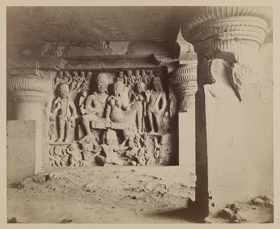 Ravana sculpture in the Dumar Lena rock-cut temple at Ellora in Maharashtra