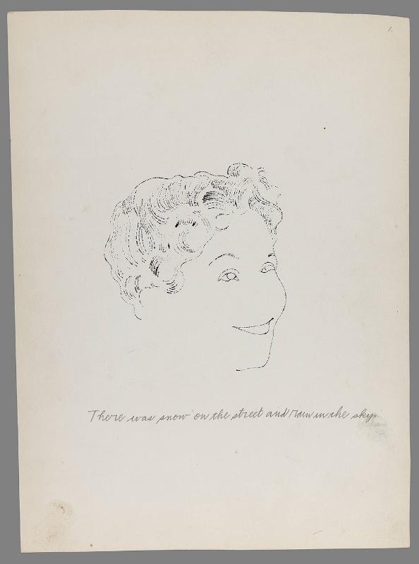 "There was snow in the street and rain in the sky".  [New York, 1952]. Written by Ralph T. Ward.  Illustrated by Andy Warhol.  Page 1 of 18 unbound pages with original blotted ink line drawings and pencil captions on paper.  Warhol's original manuscript