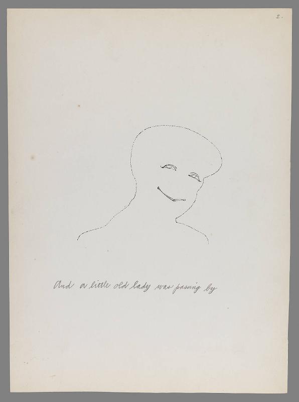 "There was snow in the street and rain in the sky".  [New York, 1952]. Written by Ralph T. Ward.  Illustrated by Andy Warhol.  Page 2 of 18 unbound pages with original blotted ink line drawings and pencil captions on paper.  Warhol's original manuscript