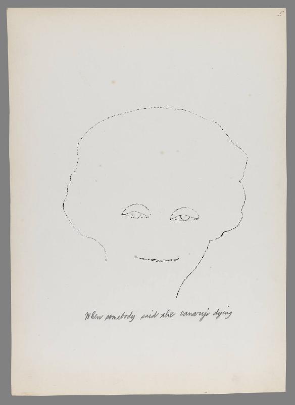 "There was snow in the street and rain in the sky".  [New York, 1952]. Written by Ralph T. Ward.  Illustrated by Andy Warhol.  Page 5 of 18 unbound pages with original blotted ink line drawings and pencil captions on paper.  Warhol's original manuscript