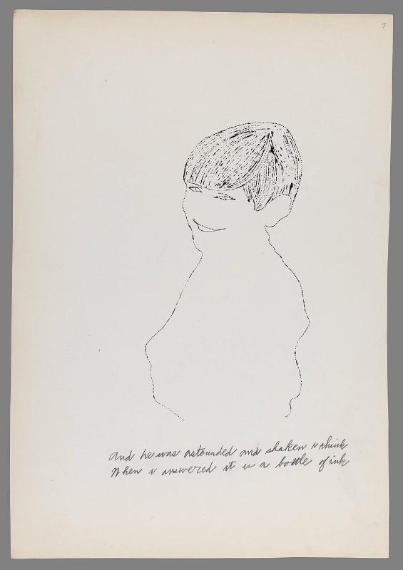 "There was snow in the street and rain in the sky".  [New York, 1952]. Written by Ralph T. Ward.  Illustrated by Andy Warhol.  Page 7 of 18 unbound pages with original blotted ink line drawings and pencil captions on paper.  Warhol's original manuscript
