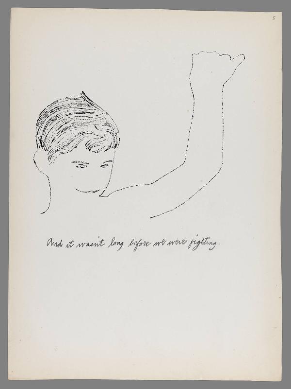 "There was snow in the street and rain in the sky".  [New York, 1952]. Written by Ralph T. Ward.  Illustrated by Andy Warhol.  Page 8 of 18 unbound pages with original blotted ink line drawings and pencil captions on paper.  Warhol's original manuscript