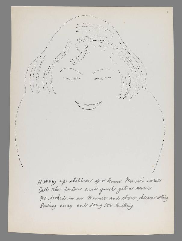 "There was snow in the street and rain in the sky".  [New York, 1952]. Written by Ralph T. Ward.  Illustrated by Andy Warhol. Page 11 of 18 unbound pages with original blotted ink line drawings and pencil captions on paper.  Warhol's original manuscript