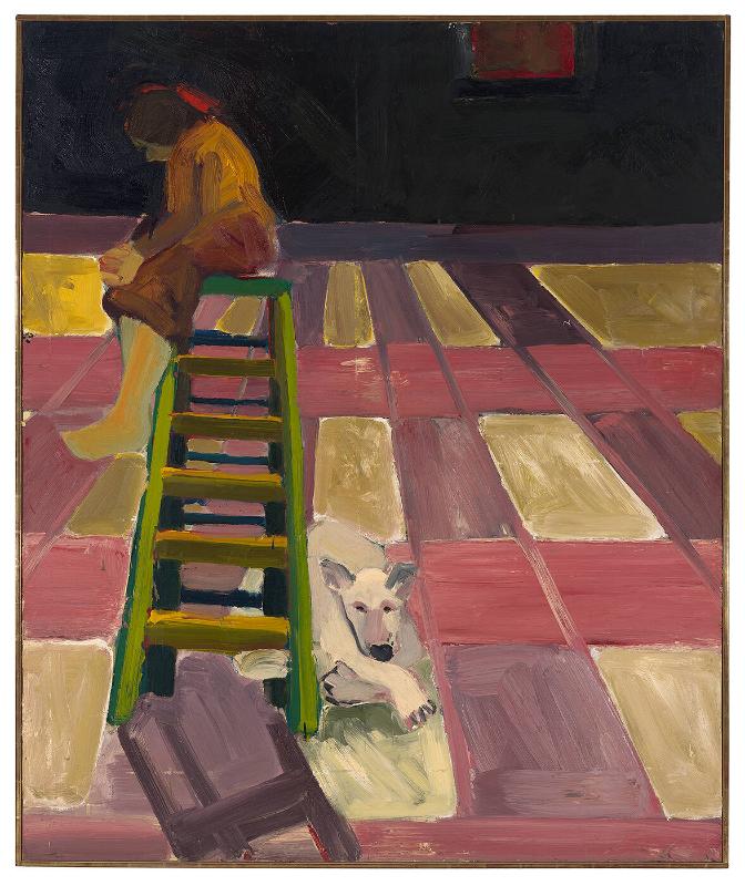 Dog and Lady on Ladder in One Point Perspective Room