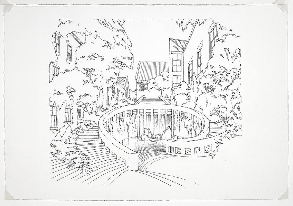Early Project Perspective, Staircase and Fountain for Charles Moore's Williams College Art Building Project