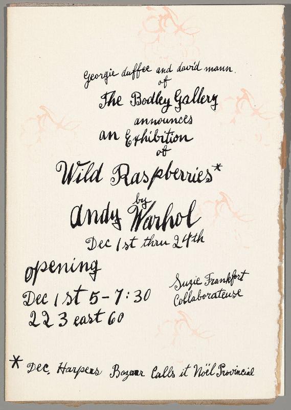 Invitation to the opening of "Wild Raspberries" by Andy Warhol, Dec 1-24