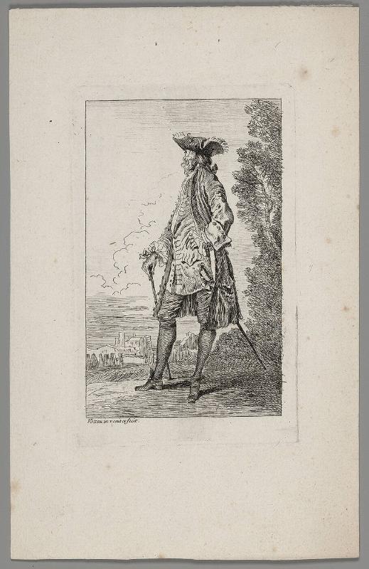 Man walking and carrying a cane in his right hand (from "Figures of Fashion')