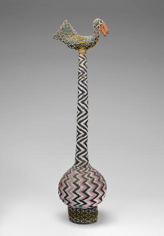 Beaded gourd basket surmounted by wooden stopper in form of duck