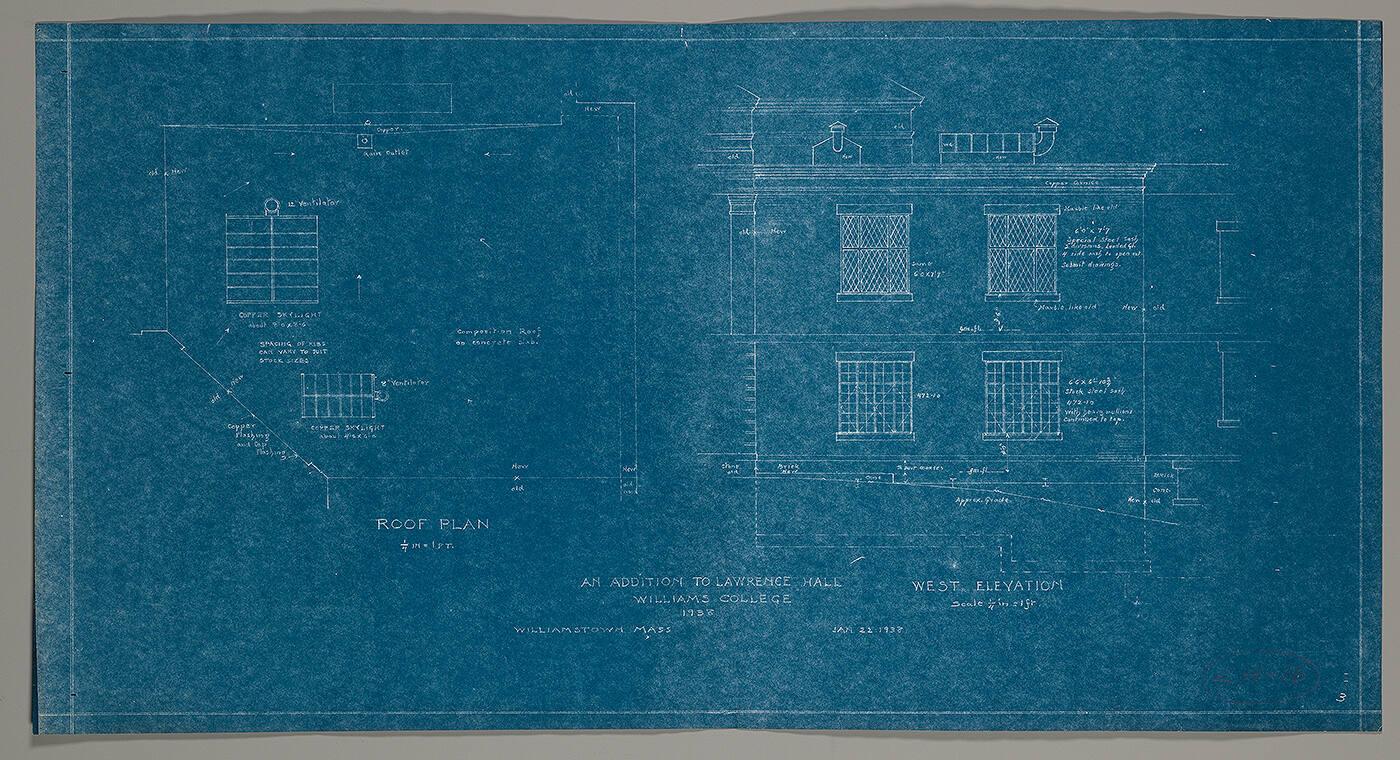 An Addition to Lawrence Hall, Williams College: Roof Plan and West Elevation: LH-16