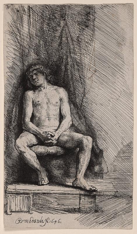 Study from the nude: Man seated before a curtain