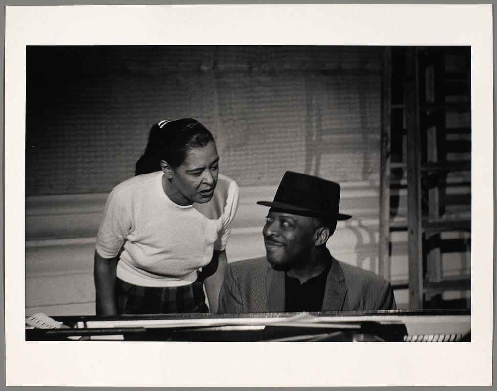 Billie Holiday and Count Basie, television studio (Sound of Jazz rehearsal), New York City