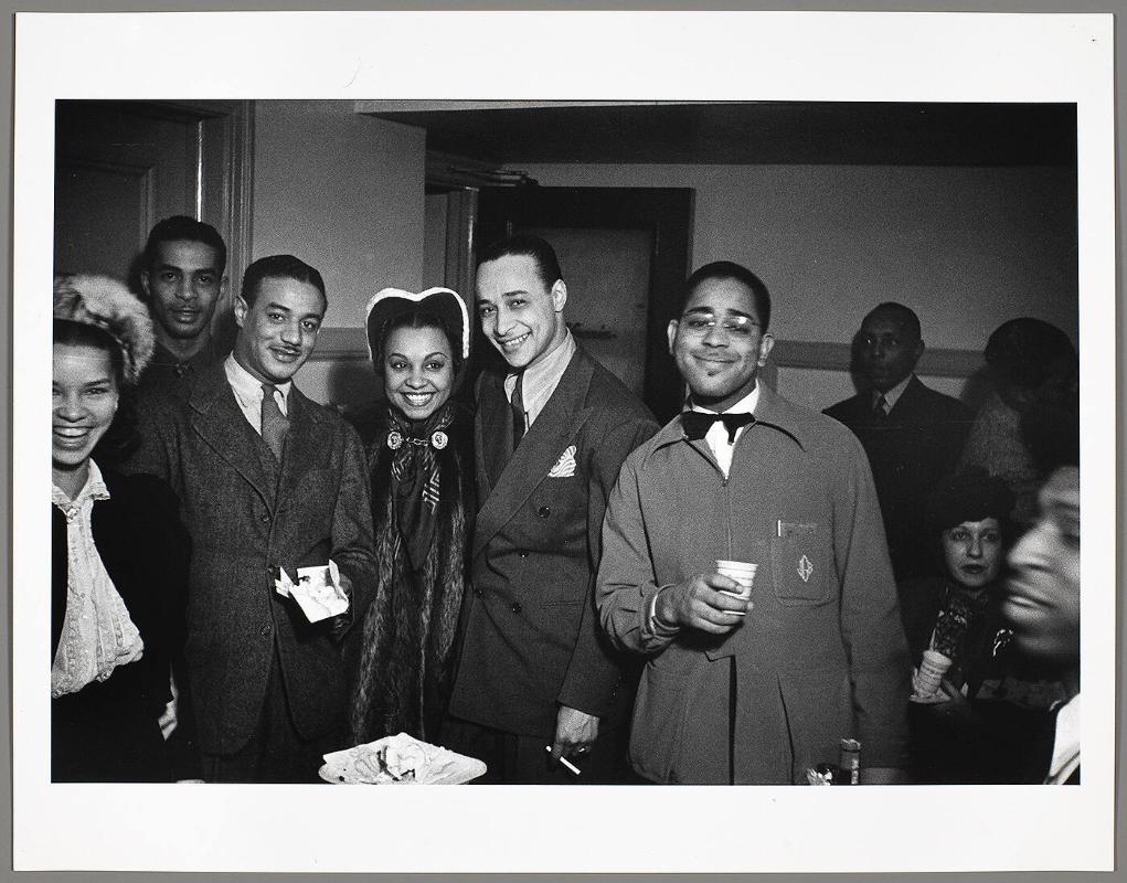 Charles "Cholly" Atkins, Donald Mills, Avis Andrews, Louis Brown, Dizzy Gillespie, and Keg Johnson, backstage, Earle Theater, Philadelphia