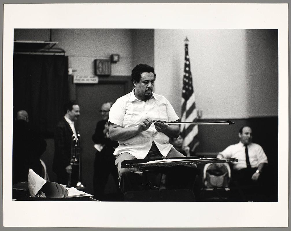 Eddie Bert, unknown, Charles Mingus and George Wein, recording studio, New York City
