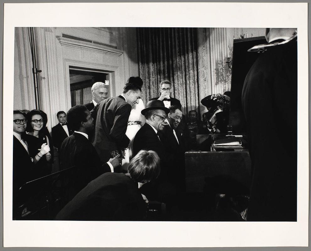 Leonard Feather, Willie "The Lion" Smith, Duke Ellington, and Henry Kissinger, (Duke's 70th birthday party), White House, Washington, D.C.