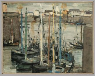 Title unknown: harbor scene with sailboats