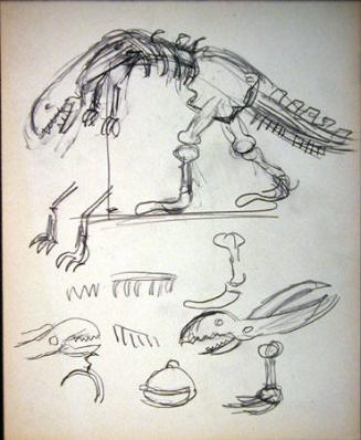Preparatory sketch for cartoon (t-rex skeleton and pliers)