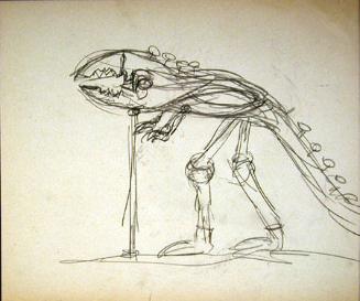Preparatory sketch for cartoon (t-rex skeleton and pliers)