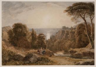 Untitled [landscape with shepherds, castle and sea]