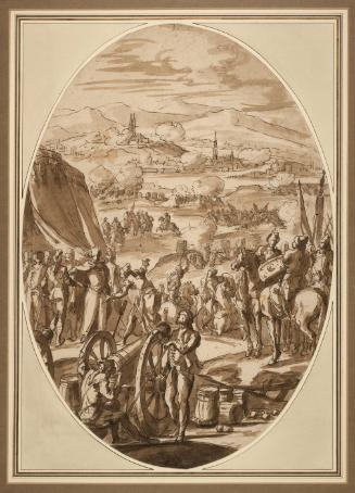 The Battle of Vienna: Turkish troops and artillery by the tent of a general