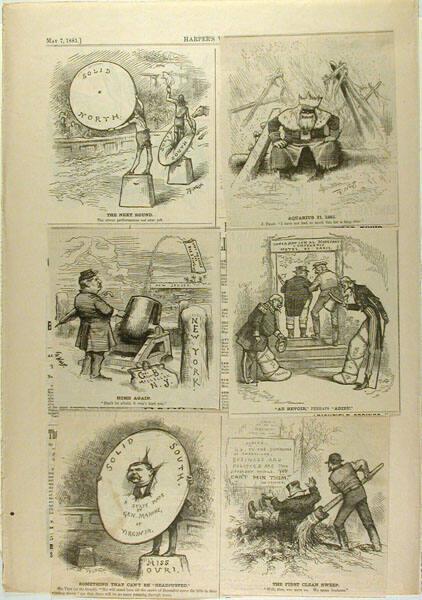 Harper's Weekly page with five cartoons