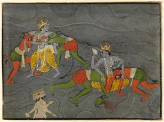 The God Vishnu (Appearing Twice, Against the Background of the Cosmic Ocean) Slays Two Demons;  the God Brahma Pays Him Homage