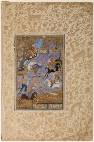 Men Hunting Lions and Antelopes in a Rocky Landscape