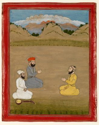 Two Men Seated in Landscape with Musician