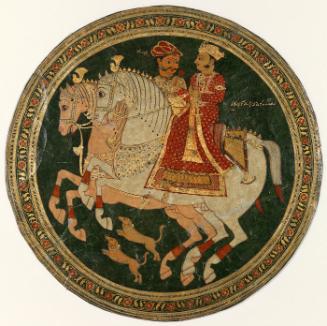 Playing card (ganjifa): Two Noblemen on Horseback with Dogs