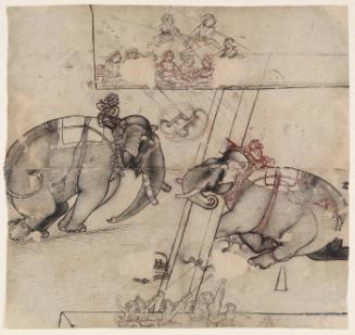 An Elephant Combat in a Palace Courtyard, with Excited Spectators Carrying Prods and Firecrackers