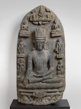 Black Stone Stele of a Crowned Buddha