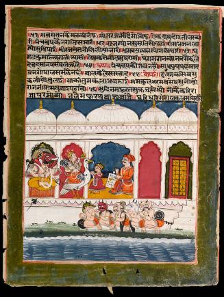 Krishna and demons visiting a prince and on the other side the ruler being presented with a scroll