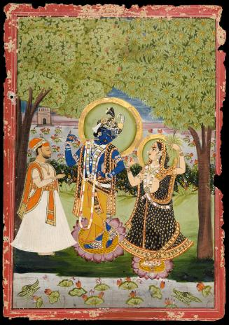 Krishna, Radha and a devotee in a lavish garden