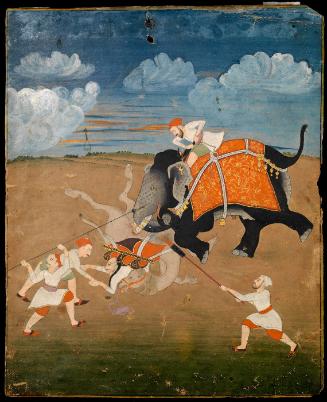 Elephant attacking a camel with its riders and three attendants present with a desert-looking background