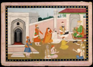 Sikh Guru presenting a book to a ruler, attendants, ascetic, and devotees