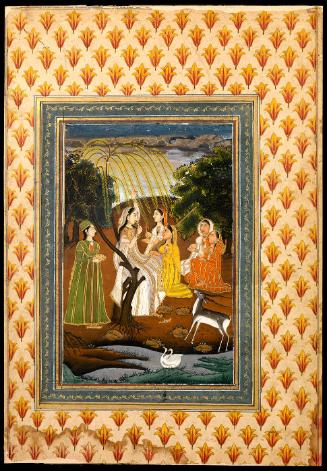 Woman seated on a branch of a willow tree and drinking with five female attendants and a deer at her side