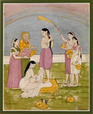 Lady at her toilet with five female attendants caring to her needs