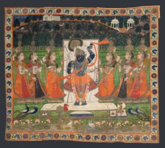 Six village milkmaids pay homage to an image of Krishna as Shrinathji