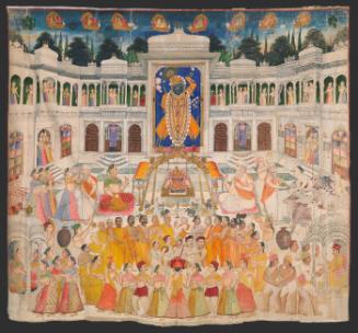 Devotees play games to honor an image of Krishna as Shrinathji enshrined at the center of his Temple