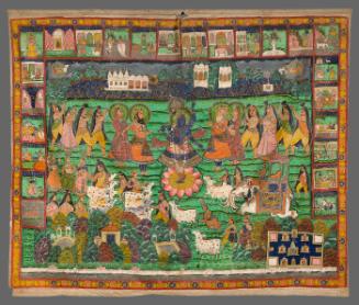 An image of Krishna as Shrinathji worshipped by village cowherds wearing blankets as protection against the rain