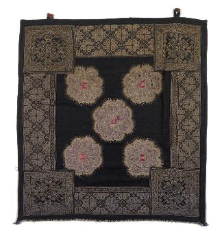 Miao square, 5 circle embroidered white on blue (possibly a headcloth ?)