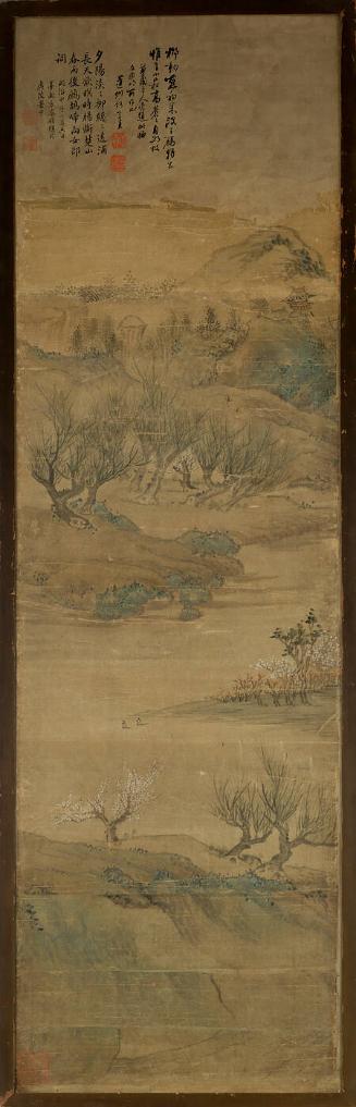 Landscape with boats on a lake and blossoming trees