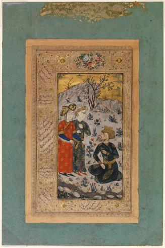 [Three Figures in landscape with flower border and text]