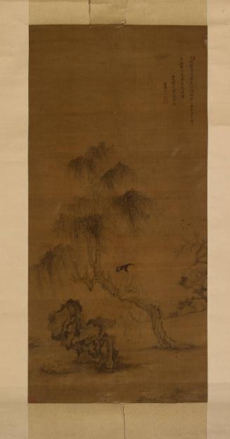 Lady leaning on willow trunk