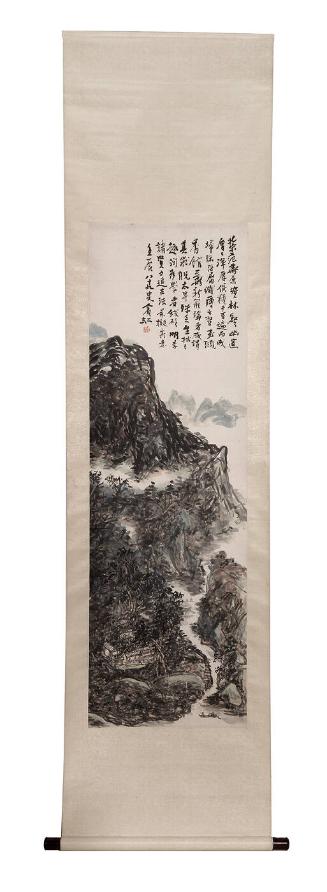 Mountain valley landscape with central villa, mountain paths, and scholar on a fishing boat