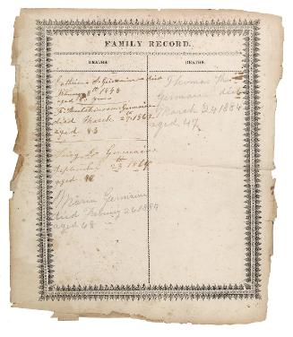 Partial record of Prendergast/ Germaine family history including births, deaths, and marriages 1827-1948 found inside Prendergast Bible