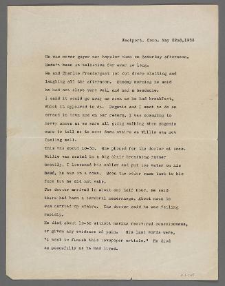 Account of the death of William Glackens by Edith Glackens; poem by Lenna Glackens (Westport, CT)