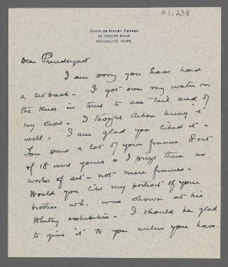 Letter from Charles Hovey Pepper to Charles Prendergast (66 Griggs Road, Brookline, Mass.)
