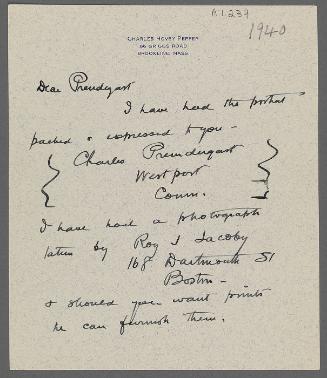 Letter from Charles Hovey Pepper to Charles Prendergast (66 Griggs Road, Brookline, Mass.)